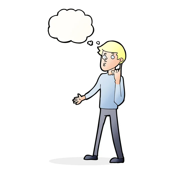 Hombre de dibujos animados haciendo una pregunta con burbuja de pensamiento — Vector de stock