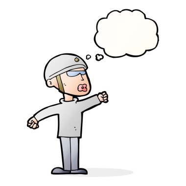 Düşünce baloncuğu olan çizgi film güvenlikçisi.