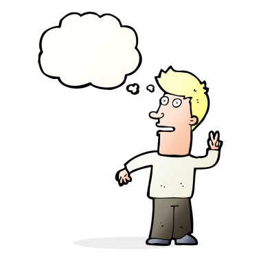 Çizgi film adamı düşünce balonuyla barış işareti yapıyor.