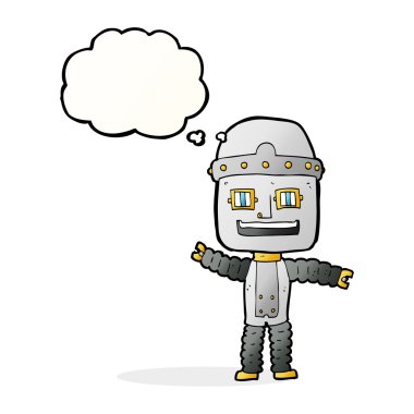 Düşünce baloncuğu sallayan robot.