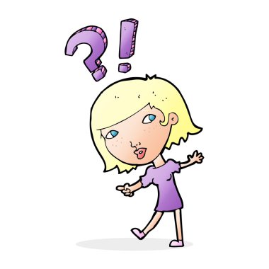 Çizgi filmdeki kadın soru soruyor.