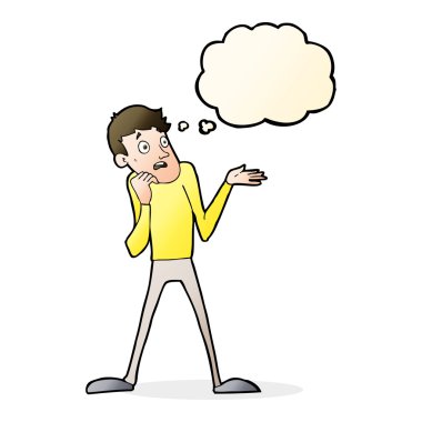 Düşünce baloncuklu sinirli bir adam.