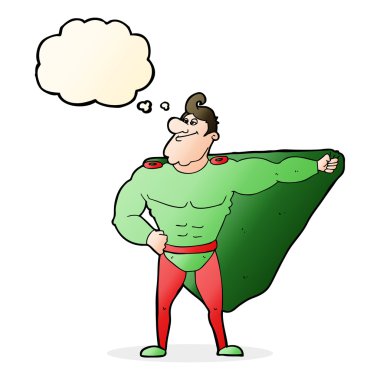 Düşünce baloncuğu olan komik bir süper kahraman.