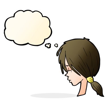 Çizgi film kızı düşünce baloncuğuyla düşünceli görünüyor.