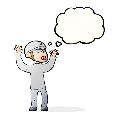 Karikatür güvenliği düşünce baloncuğuyla panikliyor.