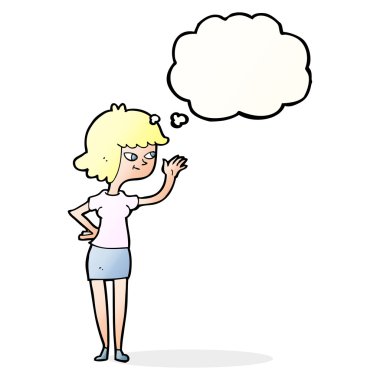 Çizgi film dostu kız düşünce balonuyla el sallıyor.