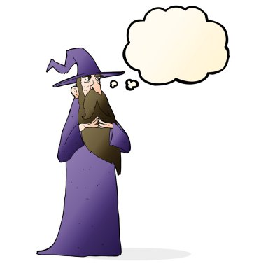 Düşünce baloncuğu olan yaşlı çizgi film sihirbazı