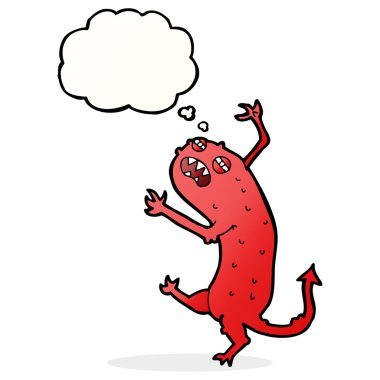 Düşünce baloncuklu küçük canavar.