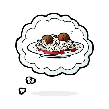 Düşünce baloncuklu makarna ve köfte.