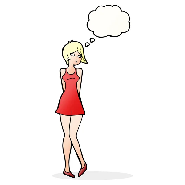 Cartone animato bella donna in abito con bolla di pensiero — Vettoriale Stock