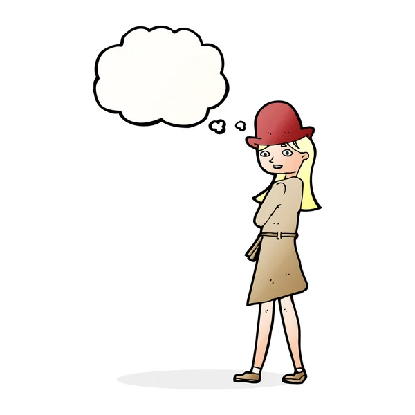 Cartoon female spy with thought bubble — Stock Vector