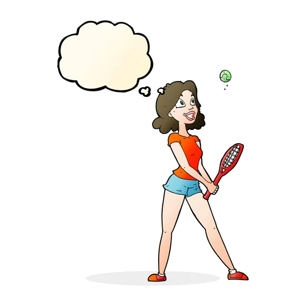 Donna dei cartoni animati giocare a tennis con bolla di pensiero — Vettoriale Stock