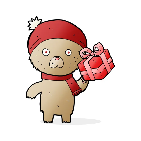 Cartoon Weihnachten Teddybär mit Geschenk — Stockvektor