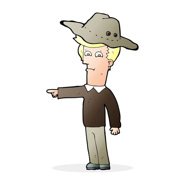 Dibujos animados apuntando hombre usando sombrero — Vector de stock