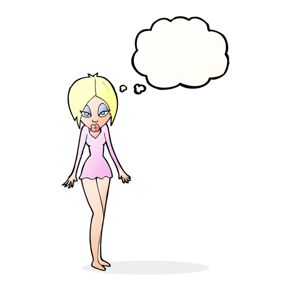 Mujer de dibujos animados en vestido corto con burbuja de pensamiento — Vector de stock