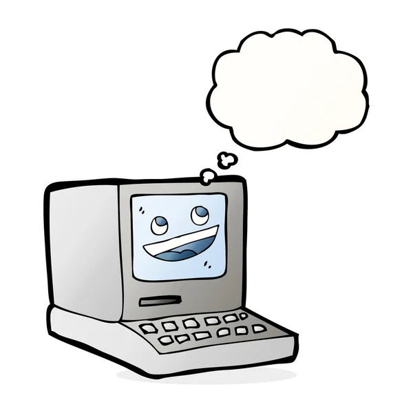 Cartoon oude computer met gedachte zeepbel — Stockvector