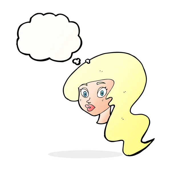Dibujo animado cara femenina bonita con burbuja de pensamiento — Vector de stock