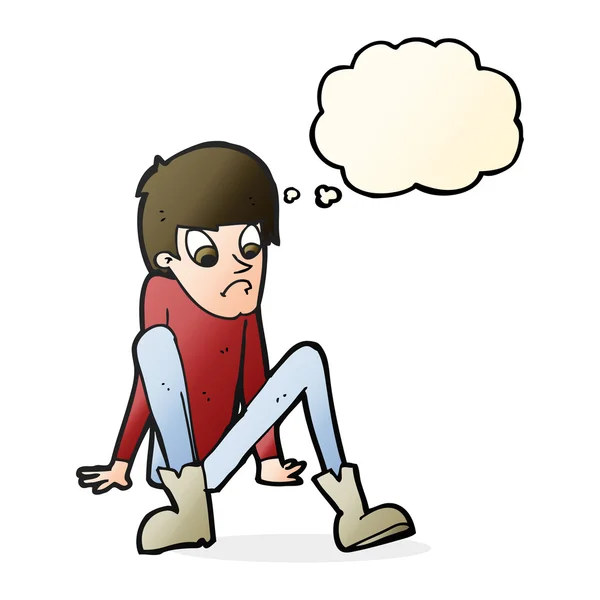 Desenho animado menino sentado no chão com bolha de pensamento —  Vetores de Stock