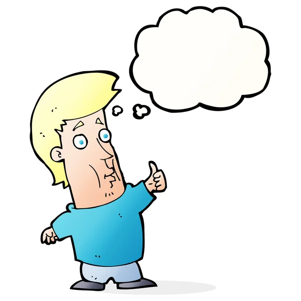 Cartoon man geven duimen omhoog teken met gedachte zeepbel — Stockvector