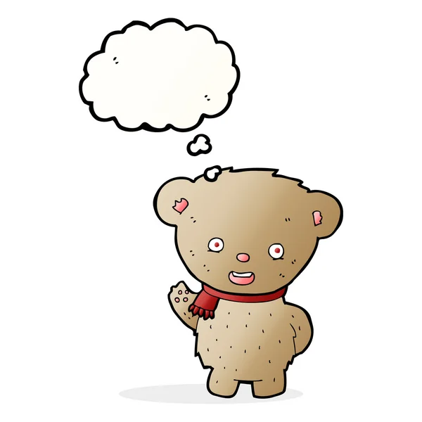 Oso de peluche de dibujos animados ondeando con burbuja de pensamiento — Vector de stock