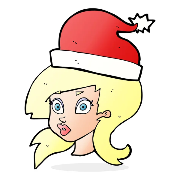 Dessin animé femme portant chapeau de Noël — Image vectorielle