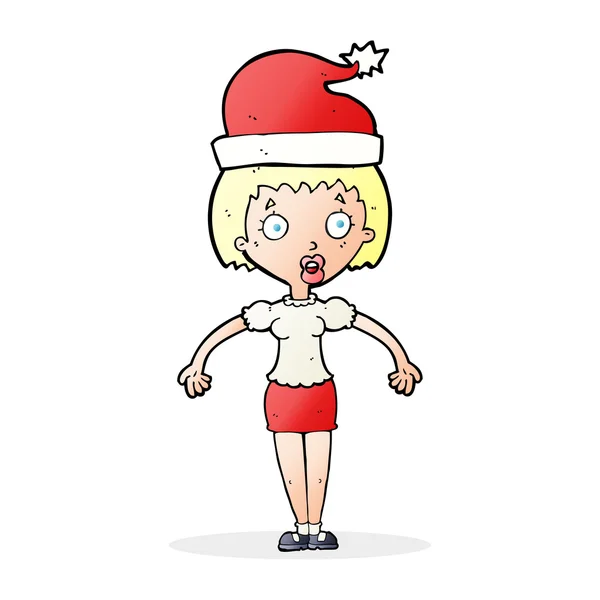 Mujer de dibujos animados con sombrero de Navidad hombros encogiéndose de hombros — Vector de stock