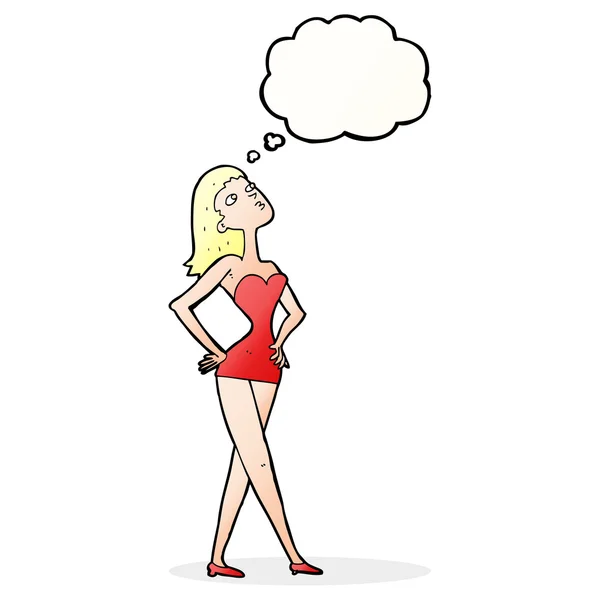 Karikatur einer Frau im Partykleid mit Gedankenblase — Stockvektor