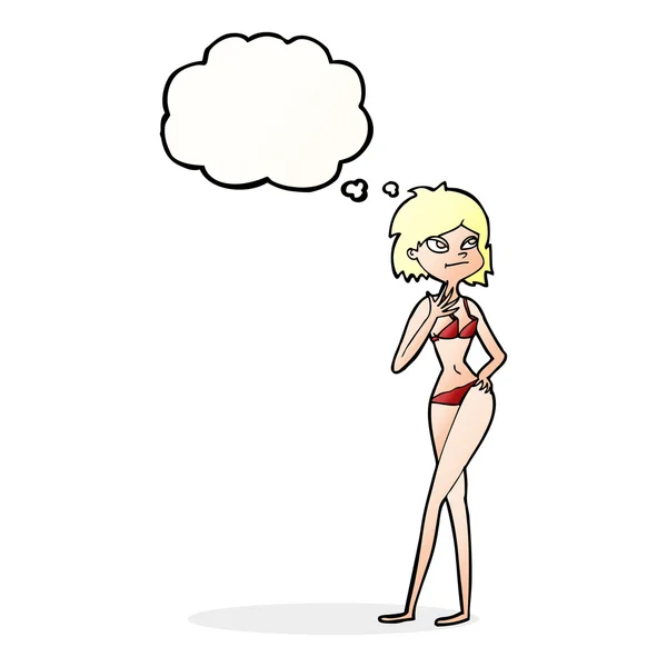 Cartoon woman in bikini with thought bubble — Stock Vector