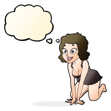 Düşünce baloncuklu komik seksi kadın.