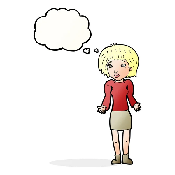 思考バブルで肩をすくめる漫画の女性 — ストックベクタ
