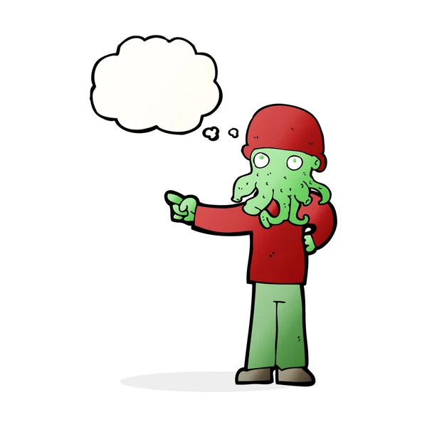 Cartone animato uomo mostro alieno con bolla di pensiero — Vettoriale Stock