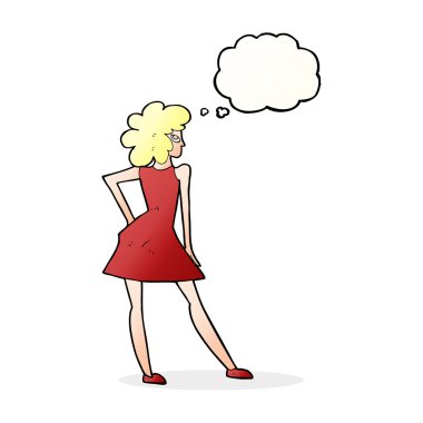 Düşünce balonuyla poz veren karikatür kadın.