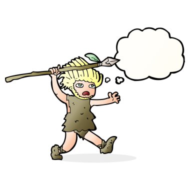 Düşünce kabarcığı olan bir mağara adamı.