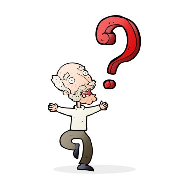 Sorusu olan yaşlı bir karikatür.