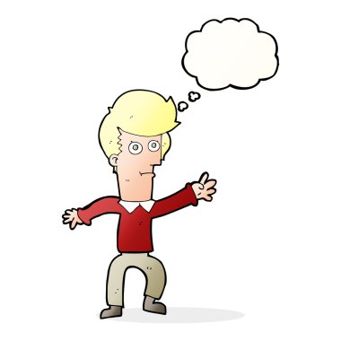 Düşünce baloncuğuyla el sallayan çizgi film adamı.