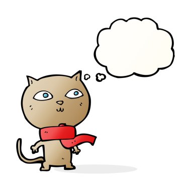 Düşünce baloncuklu eşarp takan komik bir kedi.