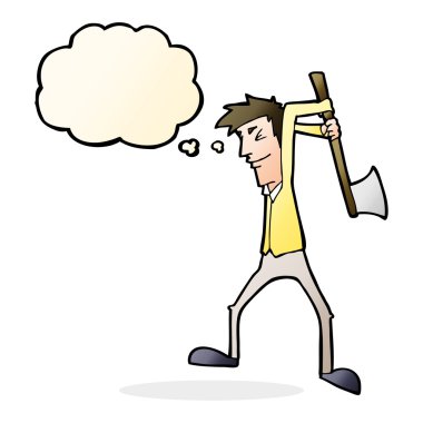 Düşünce baloncuğuyla balta sallayan çizgi film adamı.