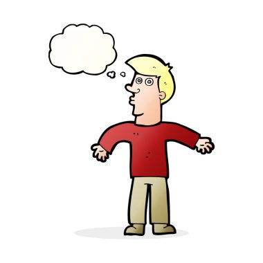 Çizgi filmci düşünce baloncuğuyla omuz silkiyor.
