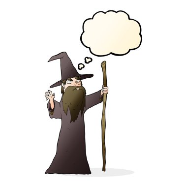 Düşünce baloncuğu olan yaşlı çizgi film sihirbazı