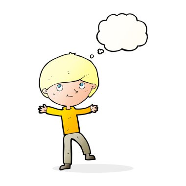 Düşünce baloncuğu olan heyecanlı çocuk.