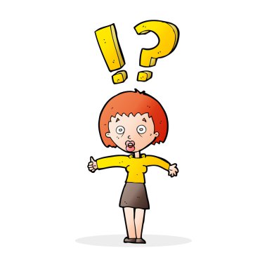 Çizgi filmdeki kadın soru soruyor.