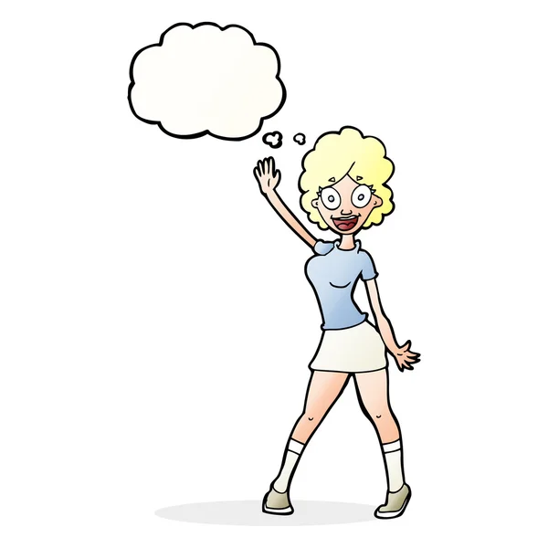 Mujer de dibujos animados bailando con burbuja de pensamiento — Vector de stock