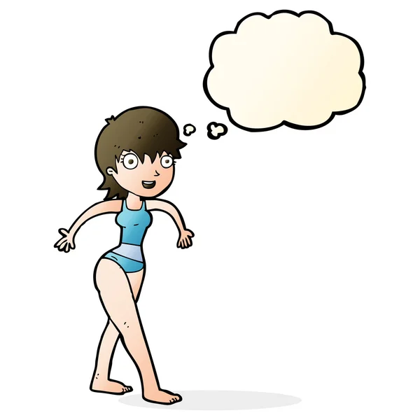 Dessin animé femme heureuse en costume de natation avec bulle de pensée — Image vectorielle