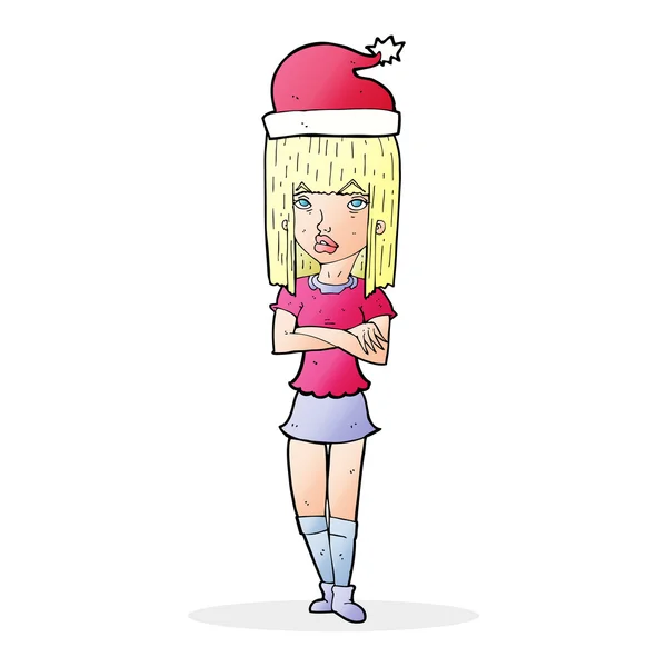 Mujer de dibujos animados en sombrero de Navidad — Vector de stock