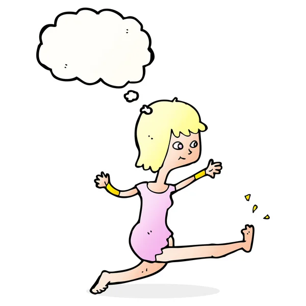 Καρτούν ευτυχισμένη γυναίκα κλοτσιές με φούσκα σκέψης — Διανυσματικό Αρχείο