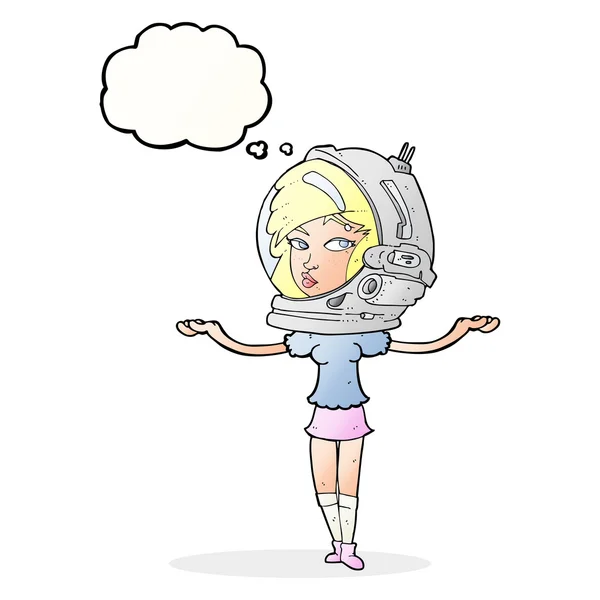 Mulher dos desenhos animados usando capacete espaço com bolha pensamento —  Vetores de Stock