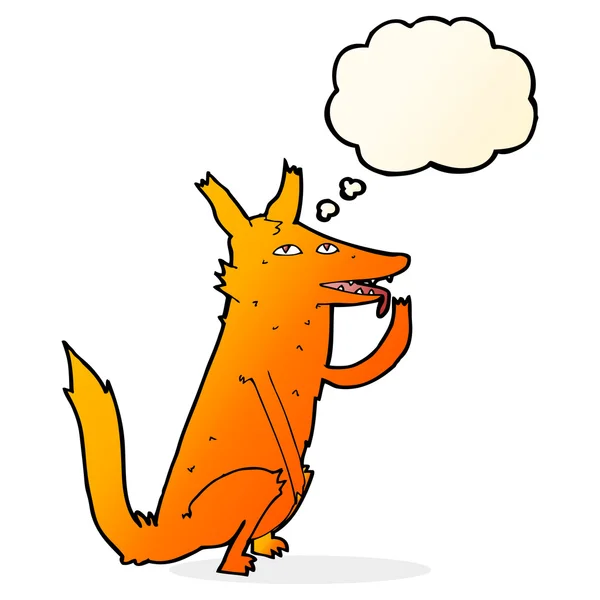 Kreslený fox lízání pracku s myšlenkou bublina — Stockový vektor