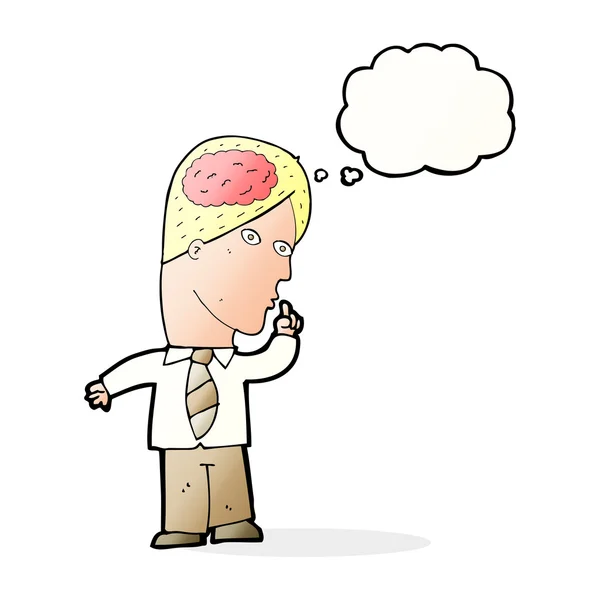 Hombre de negocios de dibujos animados con enorme cerebro con burbuja de pensamiento — Vector de stock