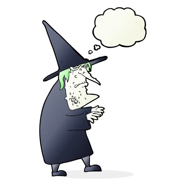 Cartoon ugly old witch with thought bubble — Stock Vector