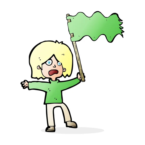 Cartoon woman waving green flag — Stock Vector